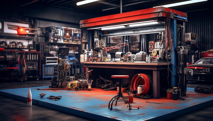 Foto fotorealistisches diorama-fotoshooting in der autowerkstattszene