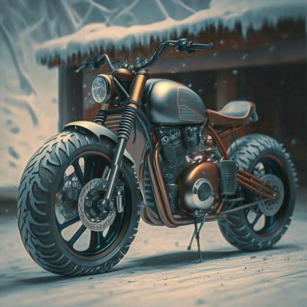 Fotorealistisches Motorrad steht im Schnee sehr detailliert generativ ai