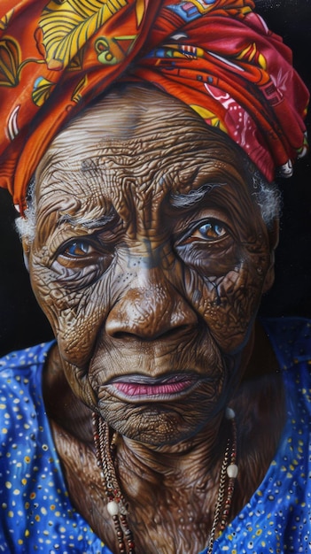 Fotorealistisches Porträt einer ethnischen schwarzen älteren Frau für den Monat der schwarzen Geschichte