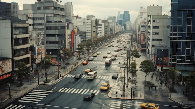 Fotorealistisches Tokio in den 1960er Jahren. Menschen auf der Straße, Autos in Tokio. Den Geist Japans einfangen