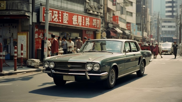 Fotorealistisches Tokio in den 1960er Jahren. Menschen auf der Straße, Autos in Tokio. Den Geist Japans einfangen