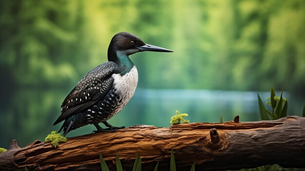 Foto el fotorrealista loon común en una rama de madera con un telón de fondo espectacular