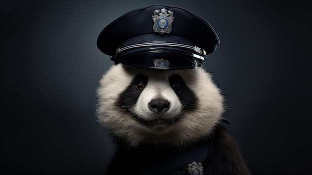 Fotorrealista urso panda em boné de polícia Uma intensidade animal única
