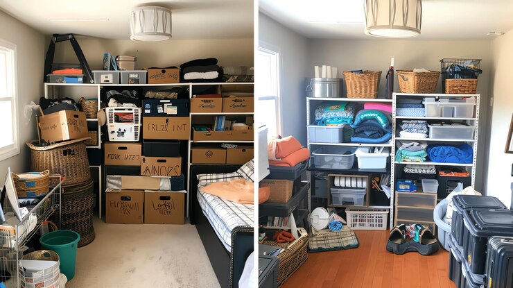 Foto fotos antes e depois de uma sala que foi organizada a imagem antes mostra uma sala cheia de desordem e a imagem depois mostra uma sala com muito espaço aberto