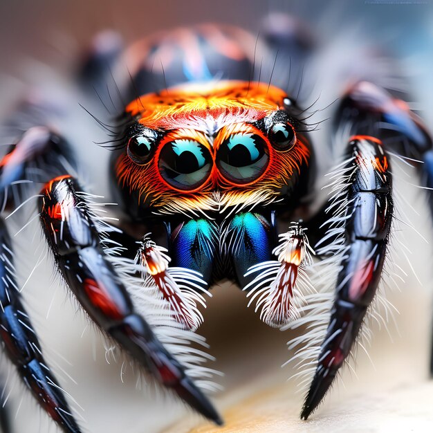 fotos cercanas de la araña saltadora descansando en las hojas húmedas