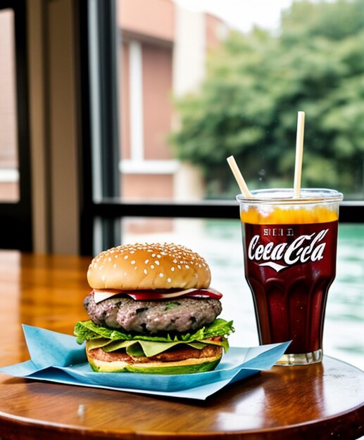 Foto fotos de comida una hamburguesa y una bebida en una mesa en un restaurante