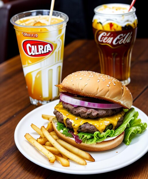 Foto fotos de comida una hamburguesa y papas fritas en un plato con una bebida en el fondo