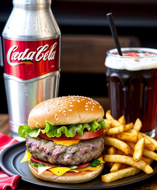 Foto fotos de comida una hamburguesa y papas fritas en un plato con una coca-cola en el fondo