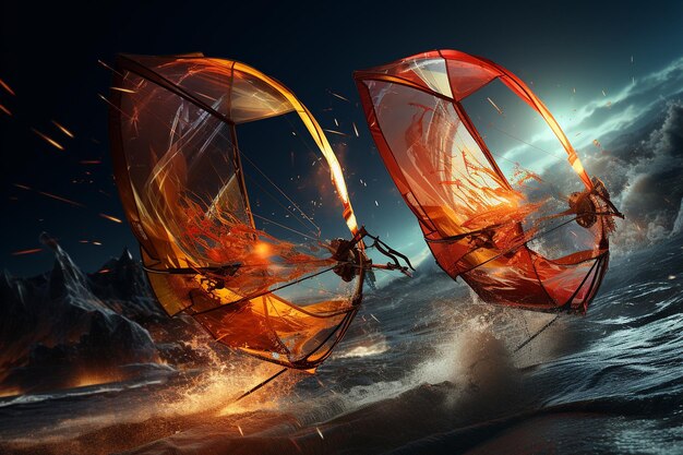 Foto fotos de ação de kitesurf ou windsurf à beira-mar com o oceano ao fundo