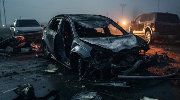 Fotos de carros danificados depois de um acidente na rodovia