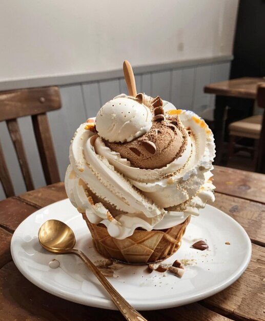 Fotos de comida um grande cone de sorvete com uma colher em um prato