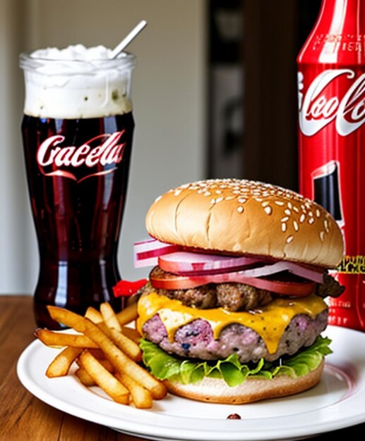 Fotos de comida um hambúrguer e batatas fritas num prato ao lado de uma cola