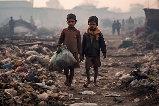 Foto fotos de crianças pobres a recolherem lixo para vender.