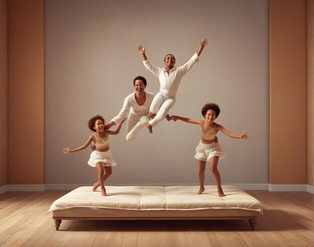fotos de família retratos momentos uma família pulando em uma cama