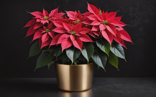 Foto fotos de flores de poinsettia em vaso de ouro em fundo preto