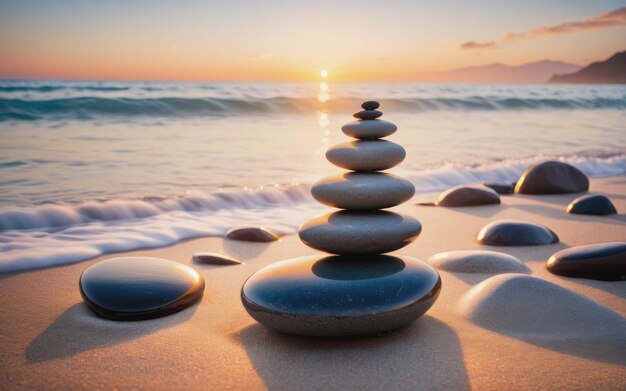 Fotos de pedras zen equilibradas na praia luz do nascer do sol meditação e relaxamento