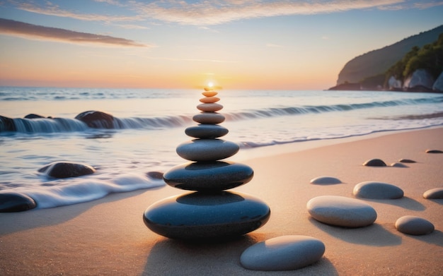 Fotos de pedras zen equilibradas na praia luz do nascer do sol meditação e relaxamento