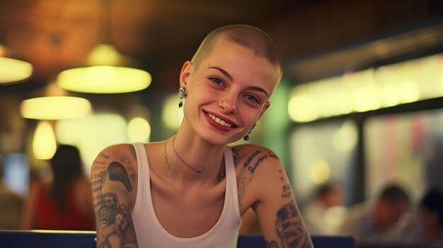 Fotos de um sorriso deslumbrante da Europa Jovem em um café sorrindo com tatuagens nos braços e cabeça raspada GERAR IA