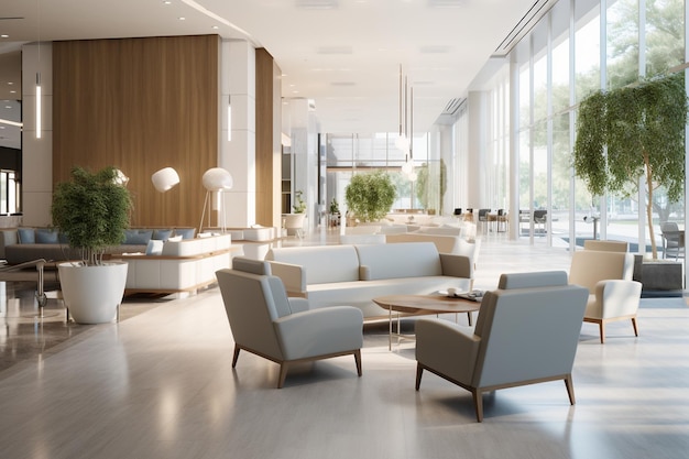 Fotos detalhadas do interior de um lobby de hospital moderno mostrando o design elegante e confortável dos assentos