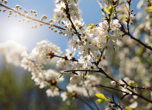 Fotos Frühlingsblühende weiße Blüten und Sonnenlicht am Himmel Fotografie