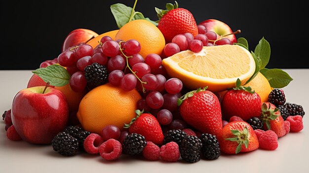 fotos de frutas coloridas sabrosas, frescas, maduras y jugosas en un escritorio blanco