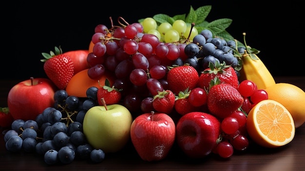 fotos de frutas coloridas sabrosas, frescas, maduras y jugosas en un escritorio blanco