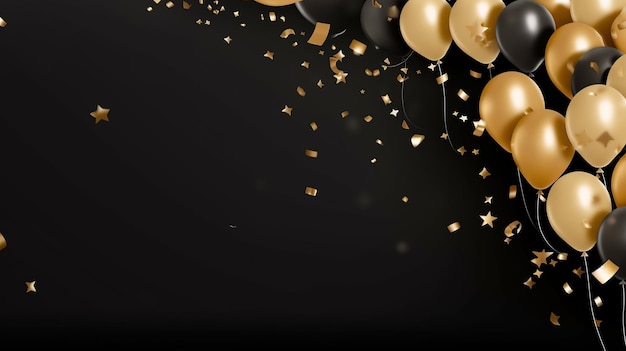 Foto fotos gratuitas balões dourados, brancos, prateados, pretos e confetes de folha caindo em fundo preto para escrever no espaçogenerative ai
