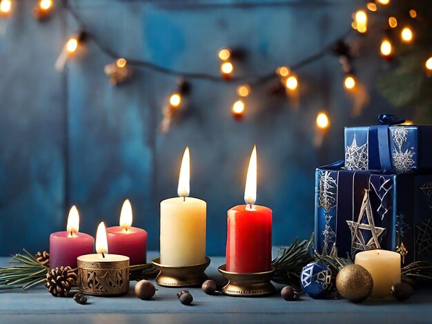 Fotos gratuitas de velas a arder perto da guirlanda de Hanukkah feliz