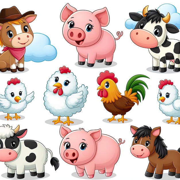 Foto fotos gratuitas de dibujos animados de animales de granja felices cerdos lindos ovejas vacas gallinas gallos caballos ilustraciones para