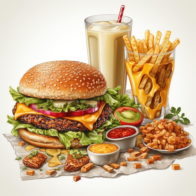 Fotos de hamburguesas de comida rápida y papas fritas con especias