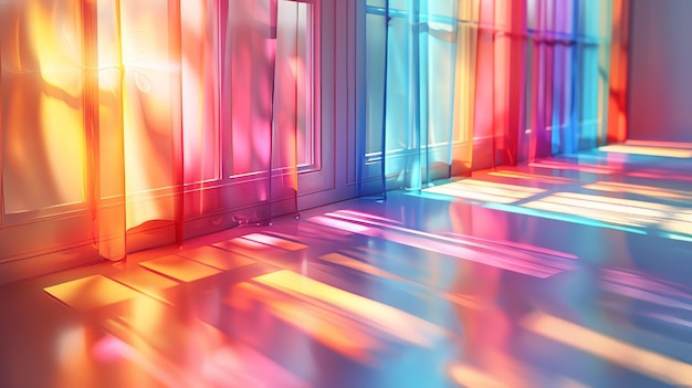 Para fotos y maquetas un efecto de superposición de textura de refracción de luz del arco iris borroso en una pared blanca acompañado de llamaradas holográficas diagonales de gota orgánica