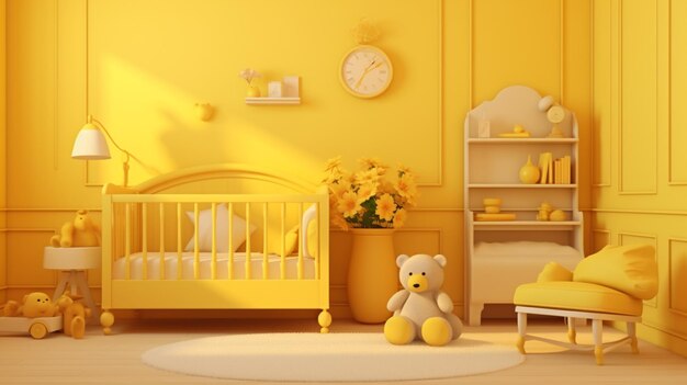 Fotos modernas de quarto de berçário chique gasto em cor amarela Arte gerada por IA