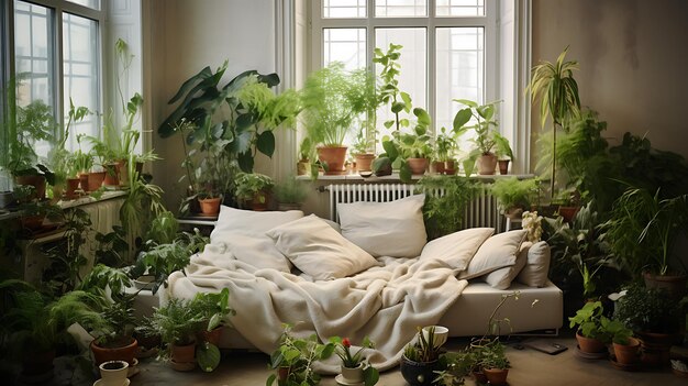 Fotos de plantas de la casa junto a un colchón en el suelo