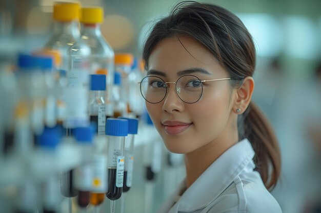 Las fotos de una química musulmana sobre un entorno difuso de espacio de laboratorio y espacio de IA generativa