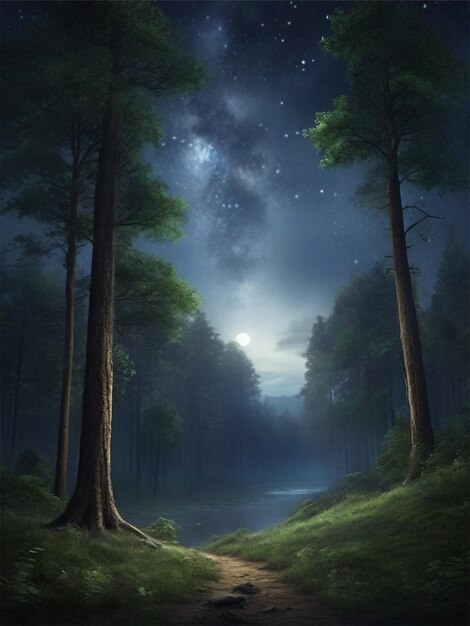 fotos realistas retratando florestas densas com árvores de textura dura e céus escuros iluminados