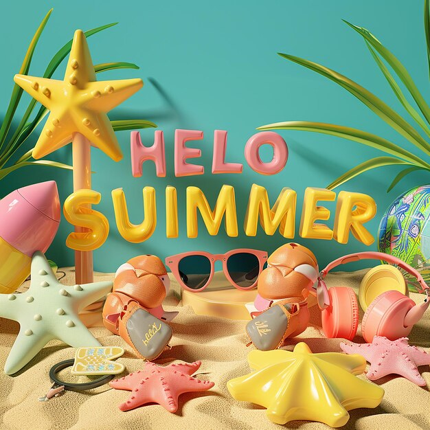 Foto fotos renderizadas en 3d de accesorios de verano con texto hello summer tema de bienvenida inspirado en el verano