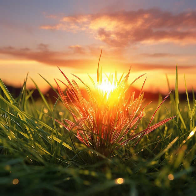 Foto fotos renderizadas en 3d del amanecer en diferentes lugares con hierba