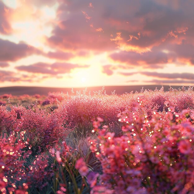 Foto fotos renderizadas en 3d del amanecer sobre el rocío floral que refleja el calor del sol en una escena relajante