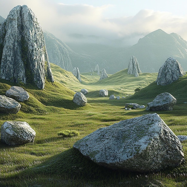 Fotos renderizadas en 3D de antiguas colinas de piedra en el fondo