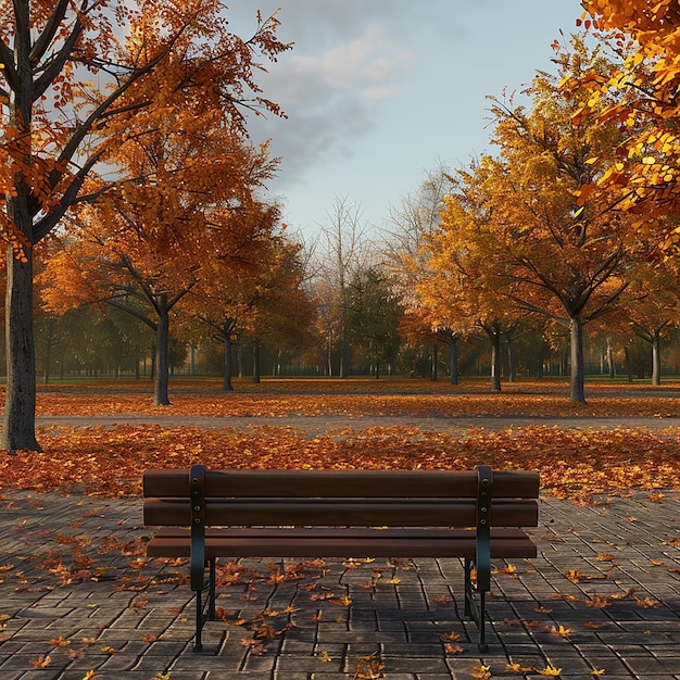 Fotos renderizadas en 3D de un banco en el parque con hojas de naranja soledad