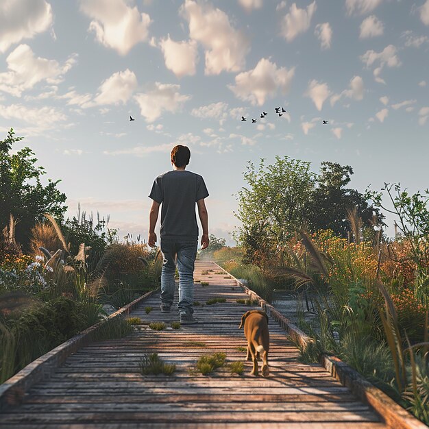 Foto fotos renderizadas en 3d de la calle de un joven en camiseta caminando por un paseo marítimo de madera con un perro