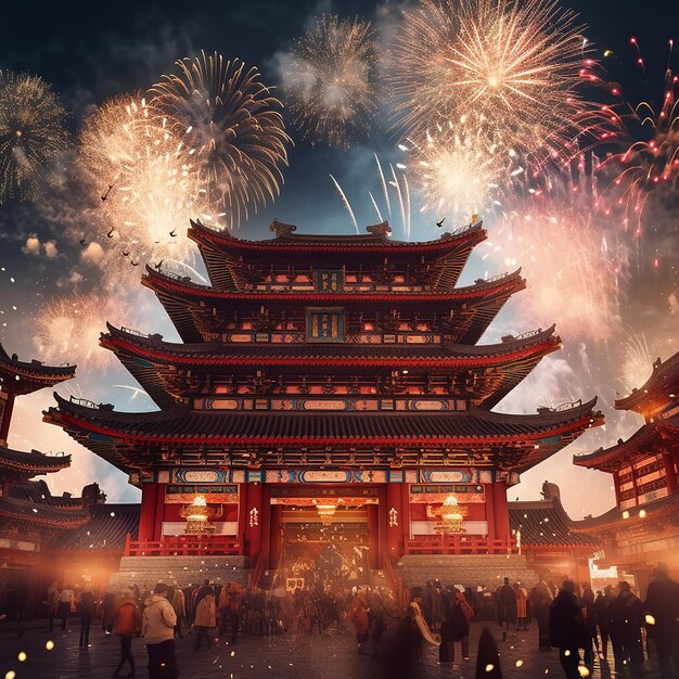 Foto fotos renderizadas en 3d de la celebración del año nuevo chino con fuegos artificiales de fondo