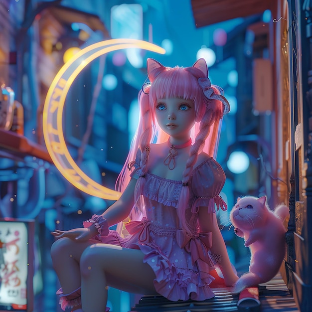 Foto fotos renderizadas en 3d de chica de anime con mascota fantasía foto de media luna tomada con provia