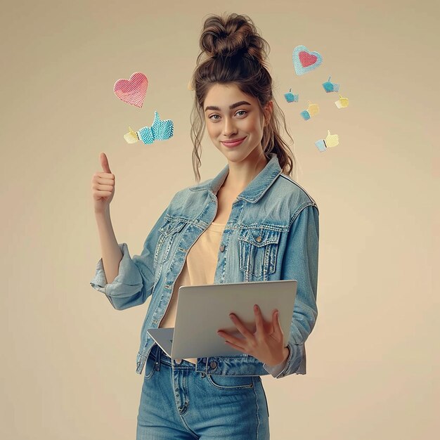 Foto fotos renderizadas en 3d de una chica sosteniendo una computadora portátil con el pulgar hacia arriba posando el icono de gustos y el pulgado hacia arriba con fondo plano