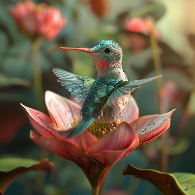 Fotos renderizadas en 3D de un colibrí parado con las plumas abiertas alrededor de una flor