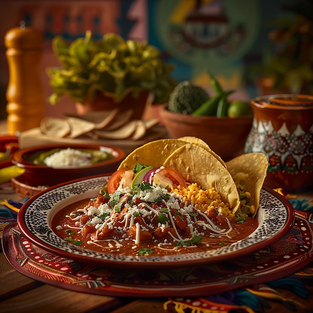 Fotos renderizadas en 3D de comida tradicional mexicana servida en un restaurante de estilo mexicano en primer plano
