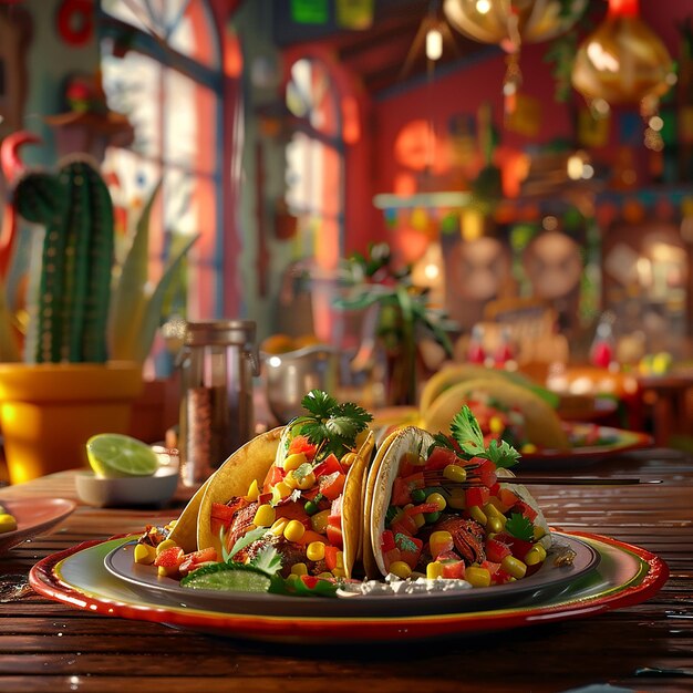 Fotos renderizadas en 3D de comida tradicional mexicana servida en un restaurante de estilo mexicano en primer plano