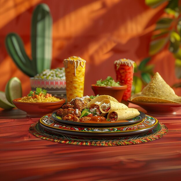 Fotos renderizadas en 3D de comida tradicional mexicana servida en un restaurante de estilo mexicano en primer plano