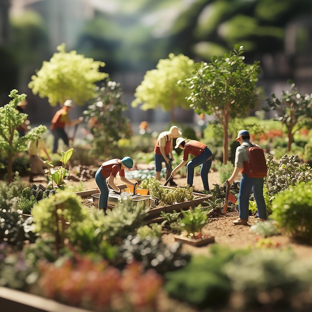 Fotos renderizadas en 3D de una comunidad plantando plantas en el jardín