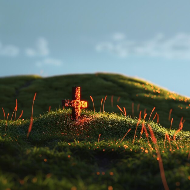 Foto fotos renderizadas en 3d de una cruz con detalles naranja bajo una colina con fondo de hierba verde es un azul
